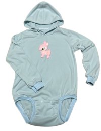 大人用ロンパースフード付きフリース長袖大きなアップリケ/水色在庫M