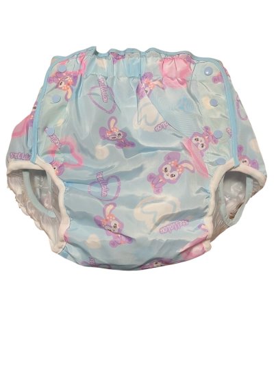 画像1: 大人用おむつカバーうさぎ柄水色ビニール防水