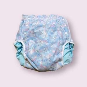 画像: 大人用 おむつカバーユニコーン柄水色TPU防水ダブルギャザーXXLサイズ