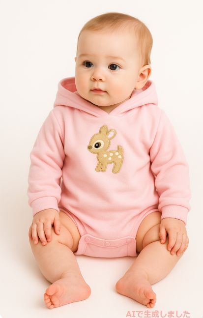画像: 大人用ロンパースフード付きフリース長袖大きなアップリケ/ピンク在庫Mのみ